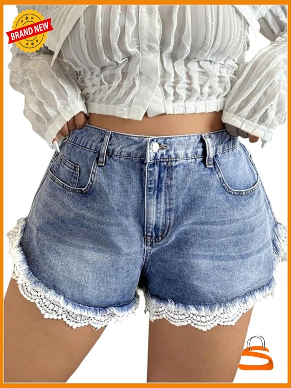 Plus Size Scalloped Lace Denim Shorts Frayed Raw Hem
